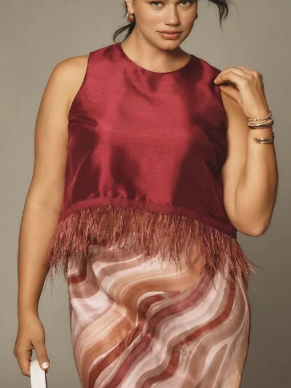 Hutch Shantung Tank Top XS Red Structured Feather Sleeveless Dressy Blouse